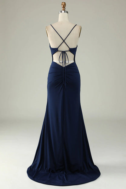 OKBBN mermaid slim shoulder strap long front slit evening gown
