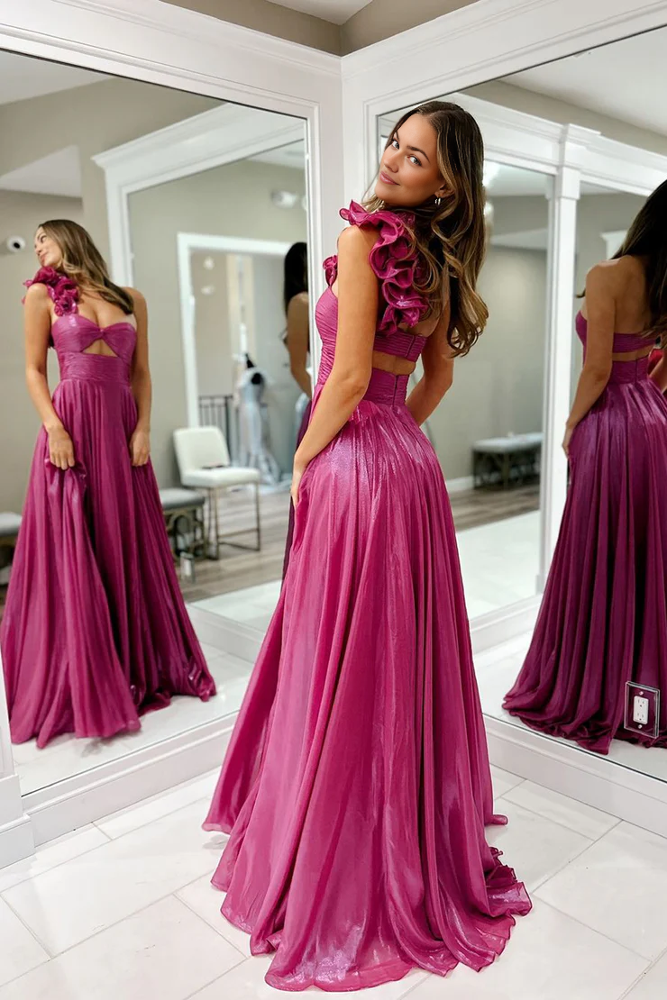 OKBBN Cute A-line One Shoulder Shiny Satin Split Long Ball Dress