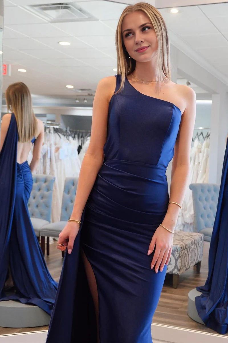 OKBBN A Simple Mermaid One Shoulder Satin Long Ball Dress