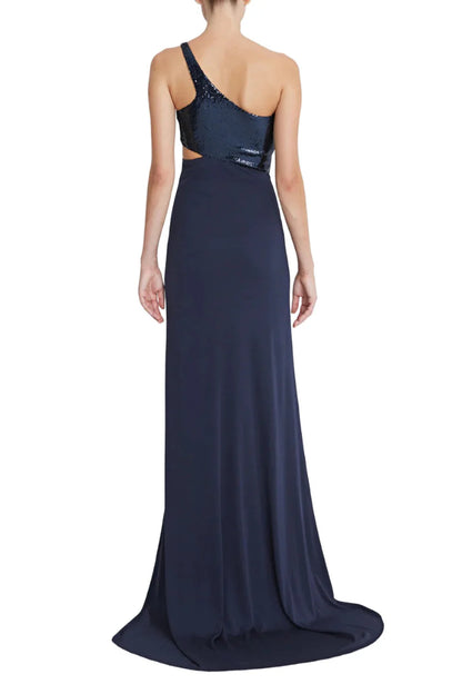 One shoulder sleeveless zipper closure cut out waist matte jersey gown with sequined bodice