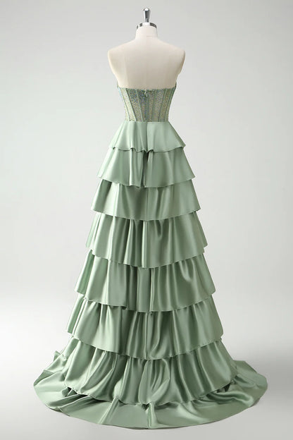OKBBN A-line ruffle edge tight layered long ball gown