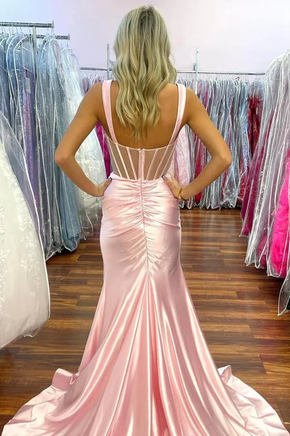 OKBBN mermaid square neck elastic satin slit dance dress