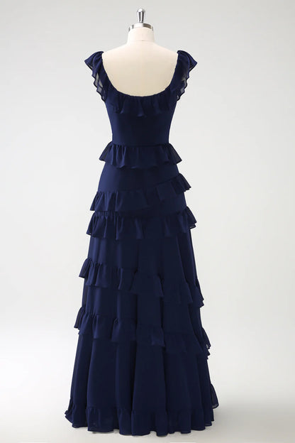 OKBBN A-line layered chiffon long bridesmaid dress