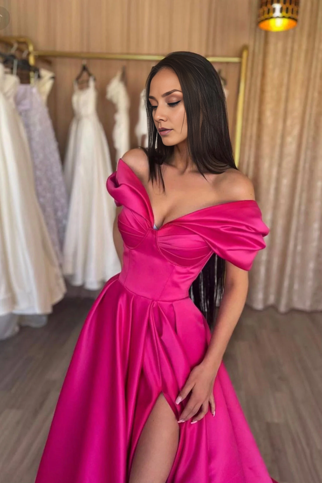 OKBBN Fashion A-line Off Shoulder Satin Long Ball Dress