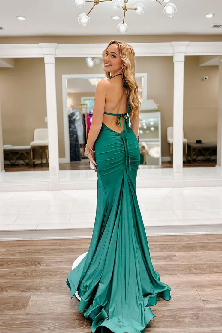 OKBBN Charming Mermaid V-neck Elastic Satin Long Ball Dress