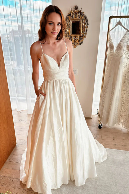 OKBBN Retro A-line V-neck Satin Ball Dress