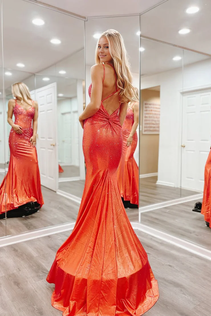 OKBBN Sparkling Mermaid V-neck Long Ball Dress