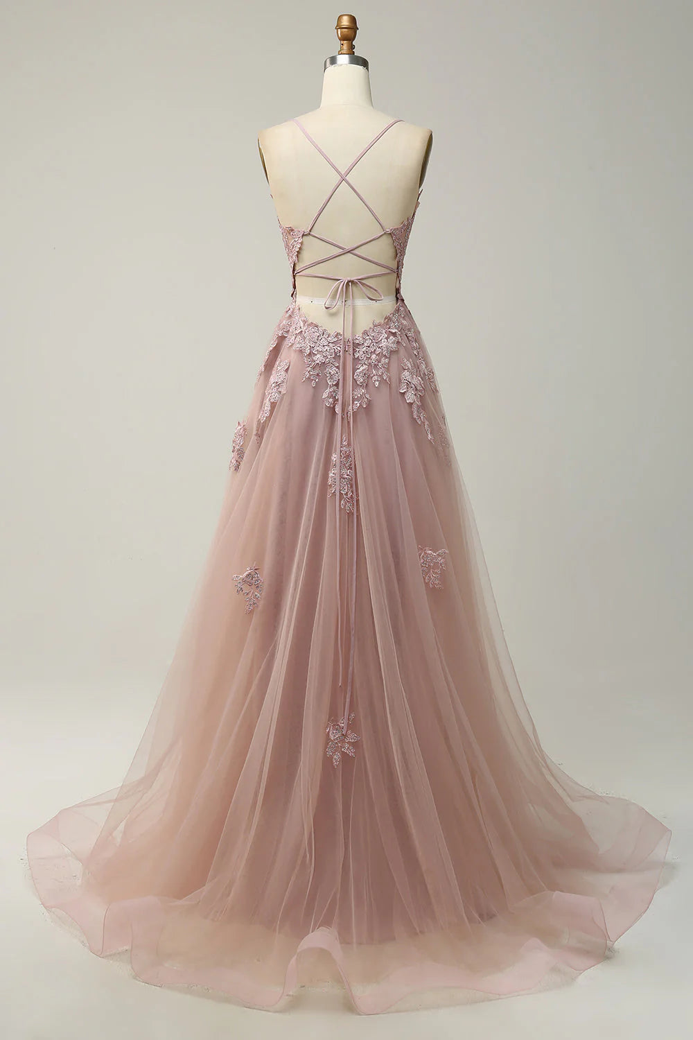 OKBBN Elegant A-line Thin Shoulder Strap Long Embroidered Ball Dress
