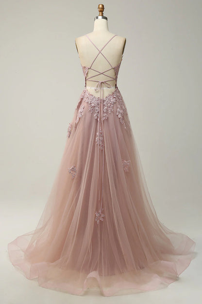 OKBBN Elegant A-line Thin Shoulder Strap Long Embroidered Ball Dress