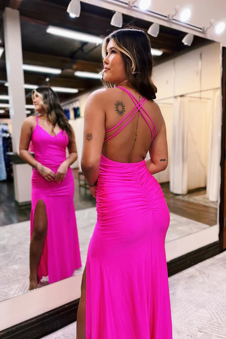 OKBBN Cute Mermaid V-neck Elastic Satin Long Split Ball Dress