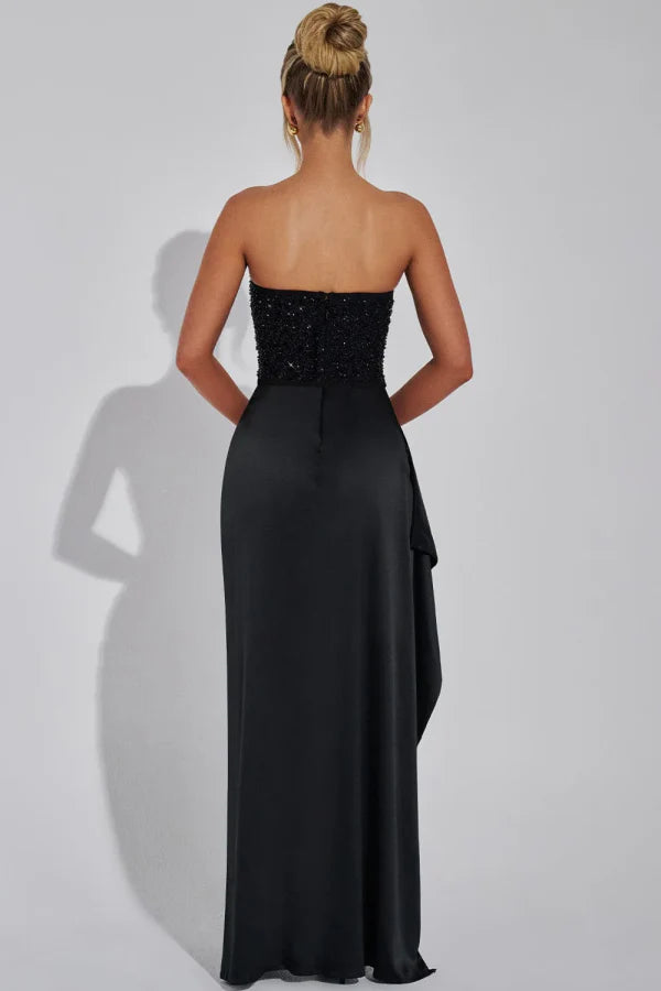 OKBBN Classic Simple Tight Off Shoulder Sleeveless Ruffle Beaded Glitter Ball Dress