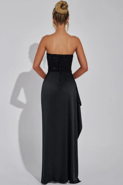 OKBBN Classic Simple Tight Off Shoulder Sleeveless Ruffle Beaded Glitter Ball Dress