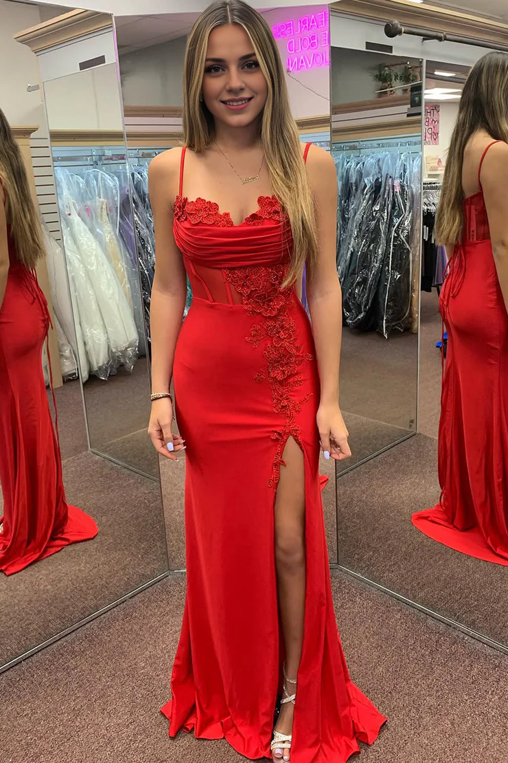 OKBBN Cute Mermaid Strap Satin Long Split Ball Dress
