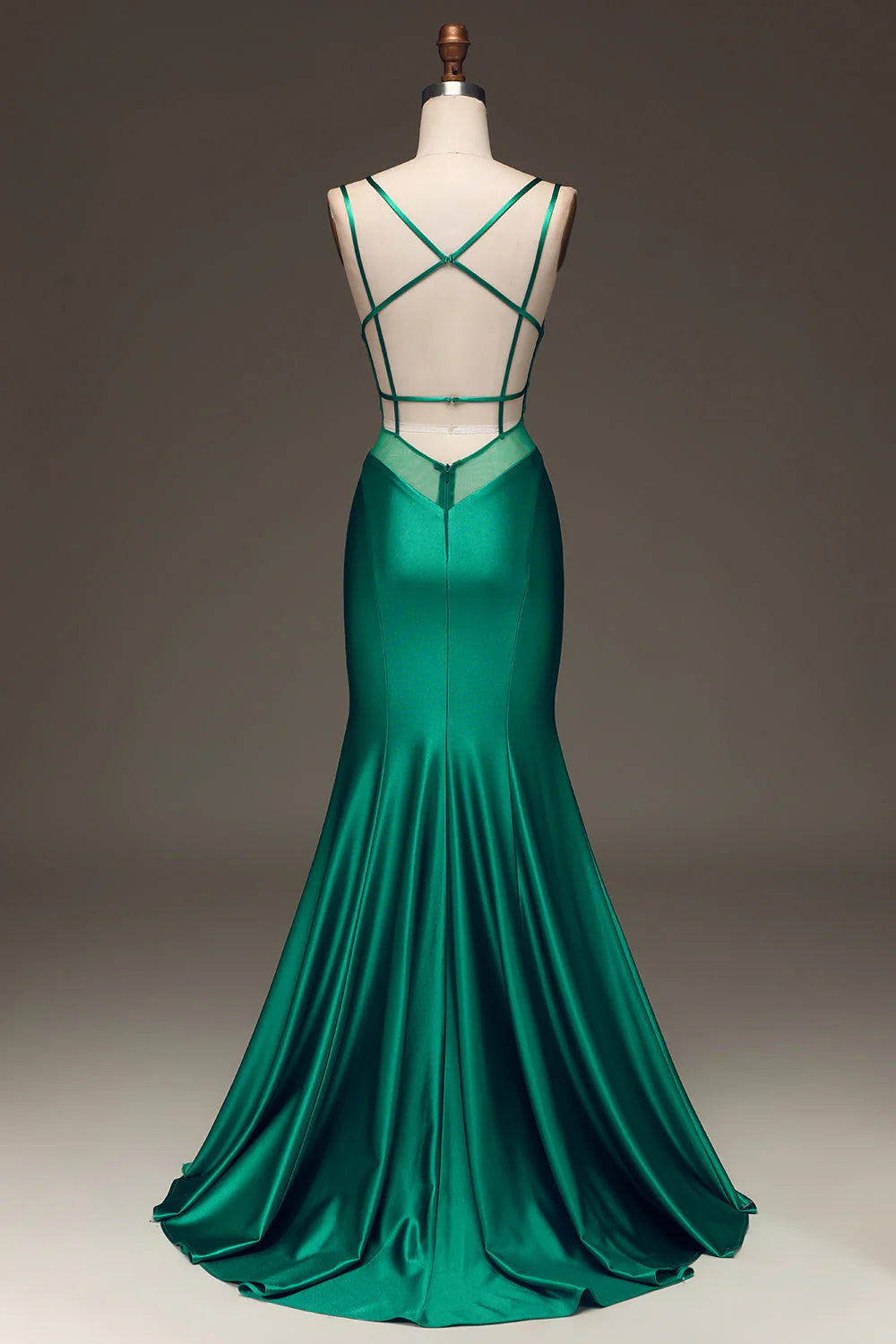 OKBBN mermaid slim shoulder strap deep V-neck satin long ball dress