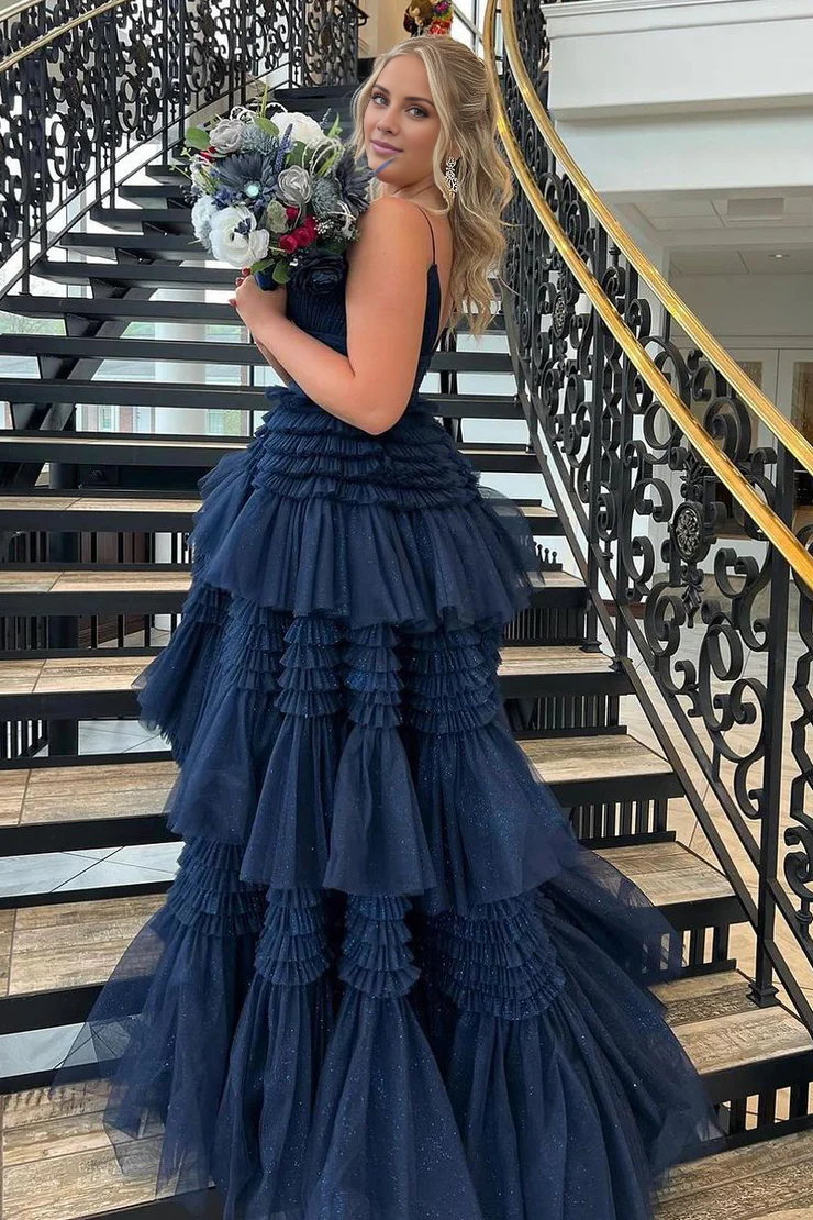 OKBBN Dazzling A-line V-neck Ruffle Layered Chiffon Split Ball Dress
