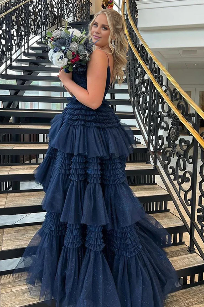 OKBBN Dazzling A-line V-neck Ruffle Layered Chiffon Split Ball Dress