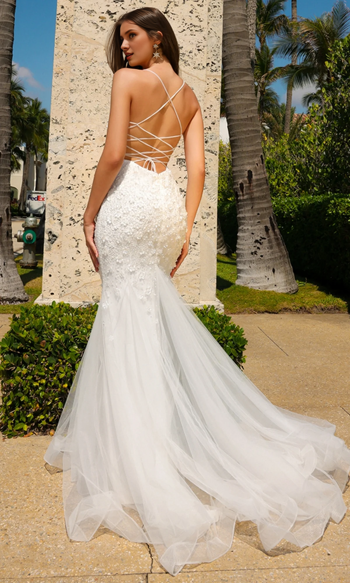 OKBBN elegant floral decoration long ball dress with tail