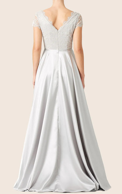 OKBBN Sleeved Lace Satin Formal Ball Dress