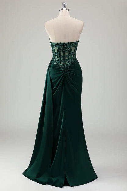 OKBBN mermaid off shoulder pleated tight corset long slit evening gown