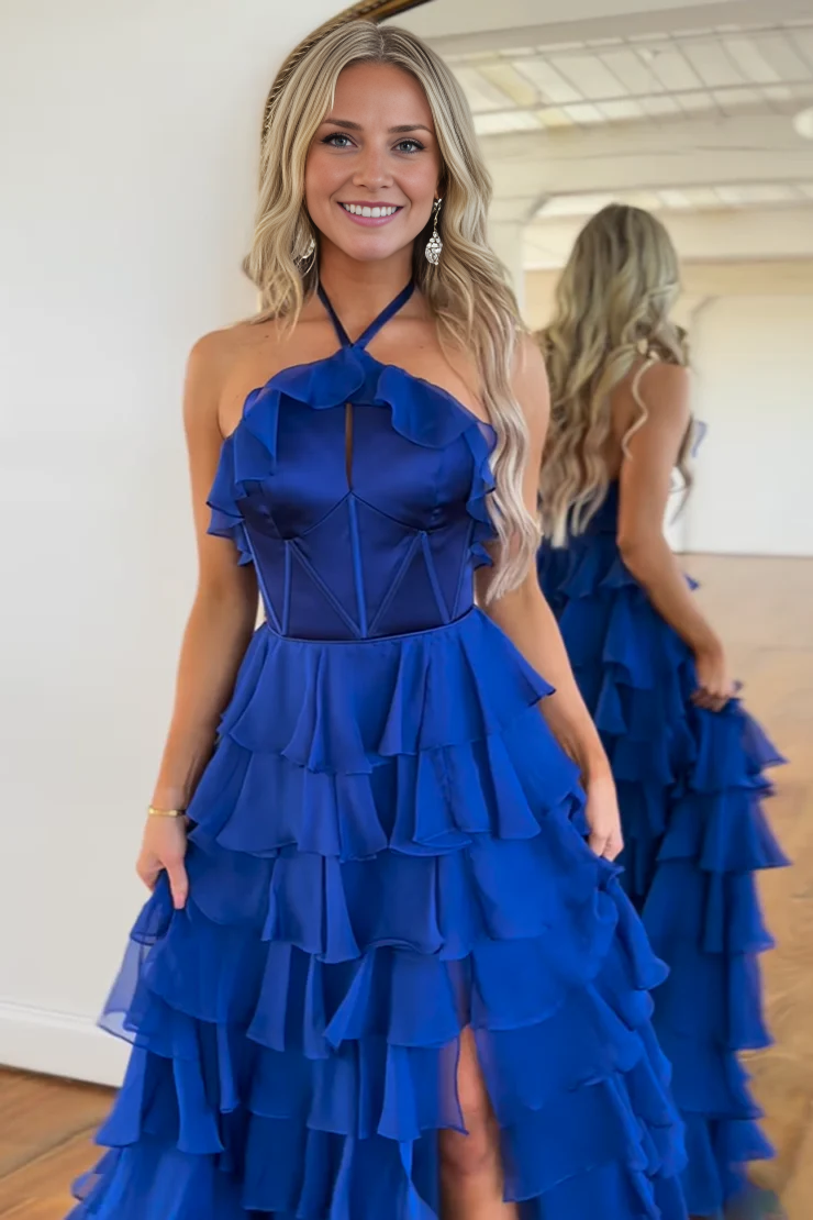 OKBBN Fairy Strap A-line Layered Chiffon Long Split Ball Dress