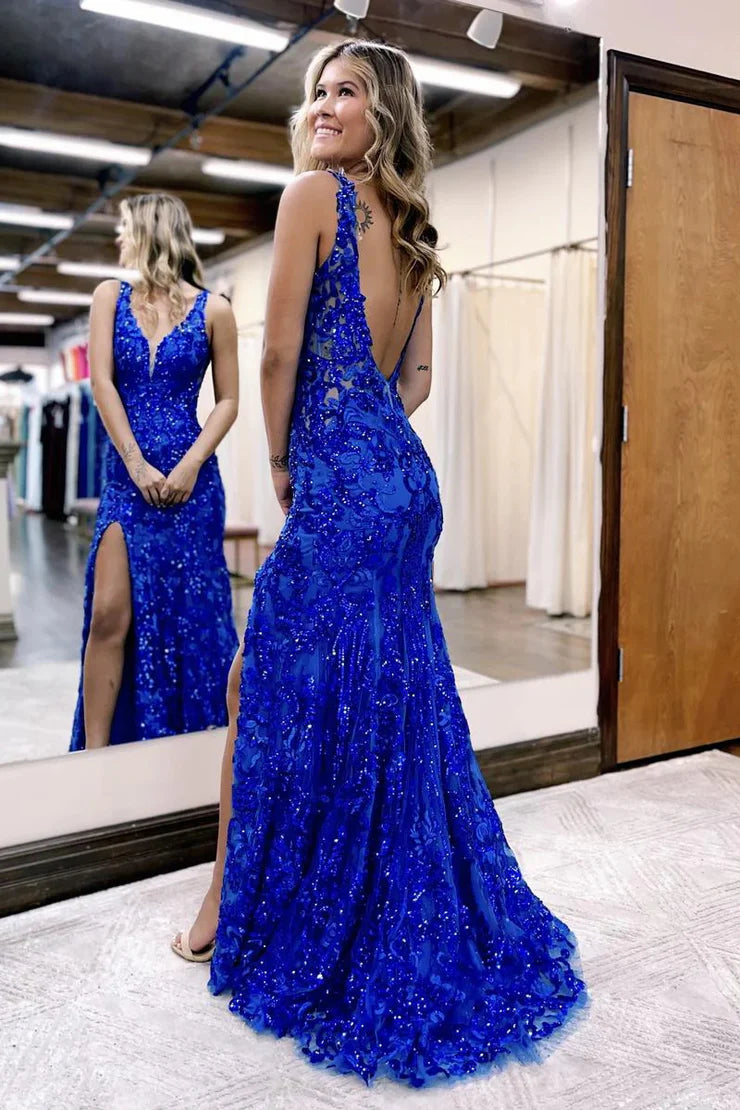 OKBBN Charming Mermaid V-neck Sparkling Lace Split Ball Dress