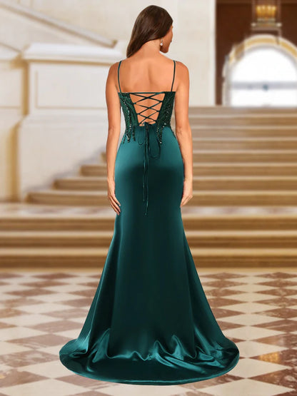 OKBBN shiny trumpet shaped mermaid slim shoulder strap long evening gown