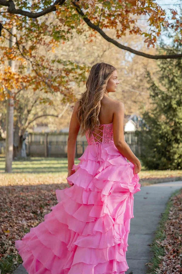 OKBBN A-line off shoulder sleeveless pleated applique chiffon layered and floor dance dress