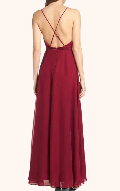 OKBBN Strap V-neck Lace Chiffon Long Ball Dress