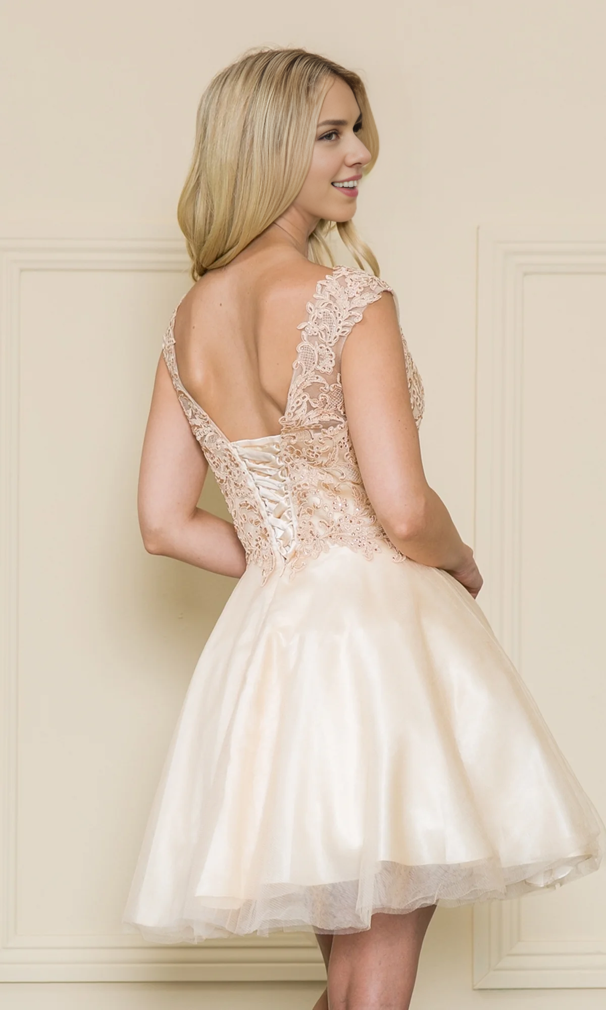OKBBN Sweet and Playful A-line Short V-neck Lace Tight corset Back Strap Homecoming Dresses