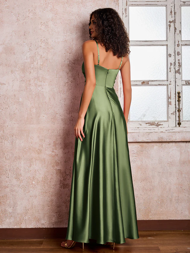 OKBBN V-neck slim shoulder strap satin sleeveless split bridesmaid dress