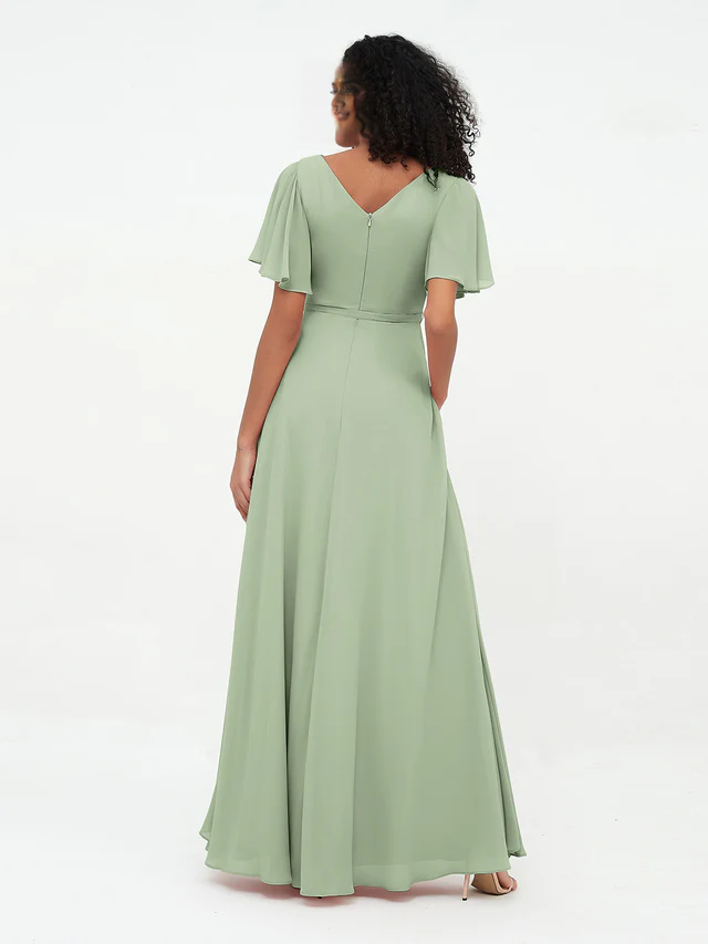 OKBBN elegant flowing sleeve chiffon bridesmaid dress