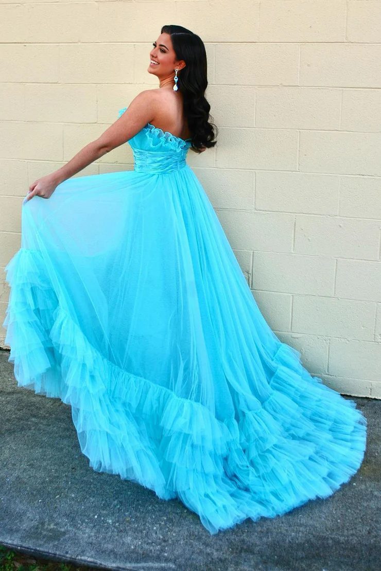 OKBBN Cute Off Shoulder Ruffle Layered Chiffon Long Ball Dress