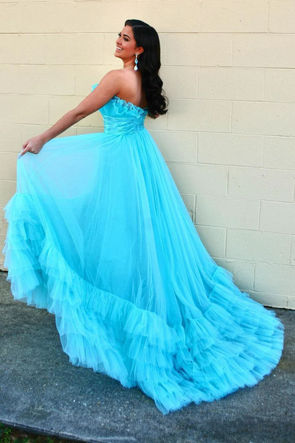 OKBBN Cute Off Shoulder Ruffle Layered Chiffon Long Ball Dress