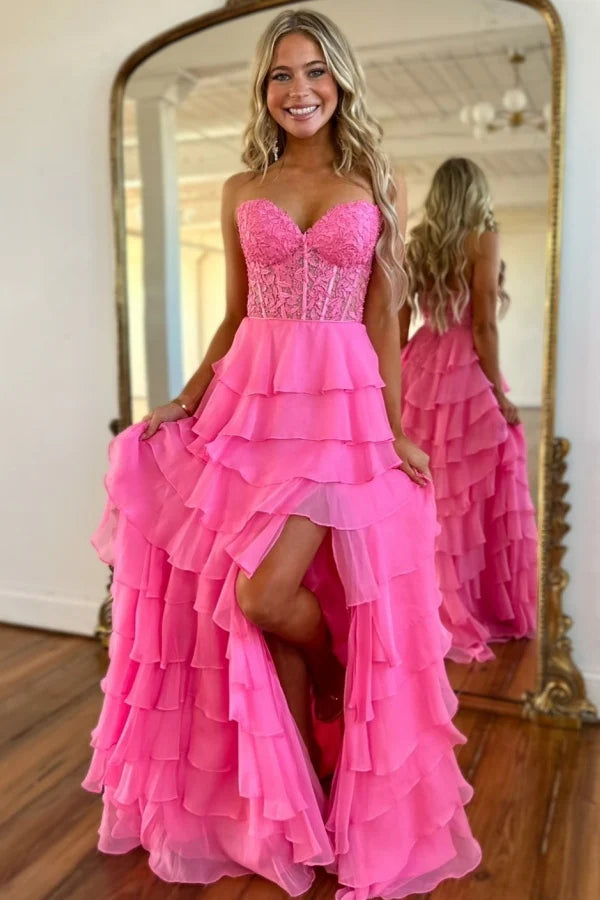 OKBBN Gorgeous A-line V-neck Sleeveless Embroidered Chiffon Layered Ball Dress