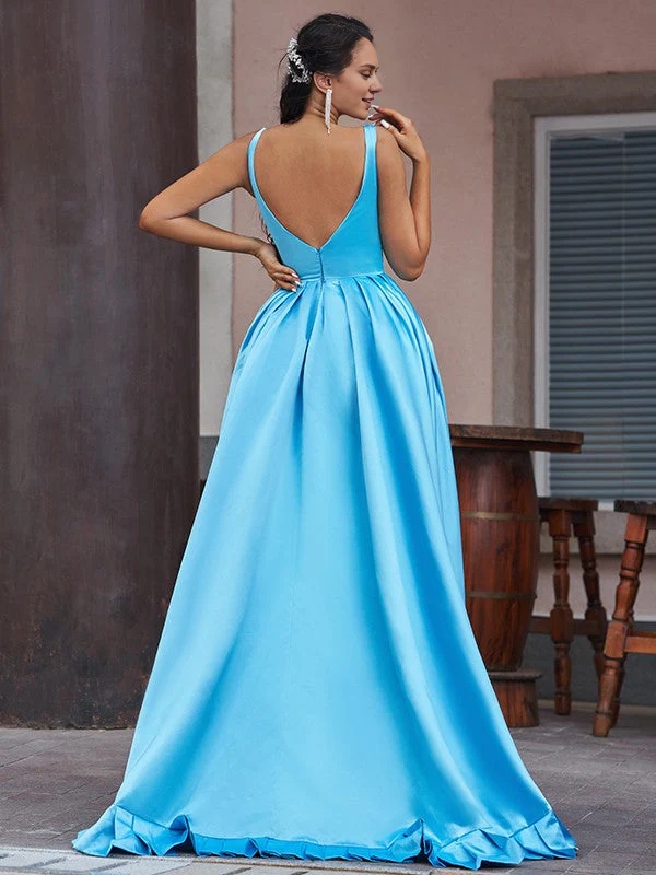 OKBBN A-line Elegant Satin Ruffle V-neck Sleeveless Asymmetric Ball Dress