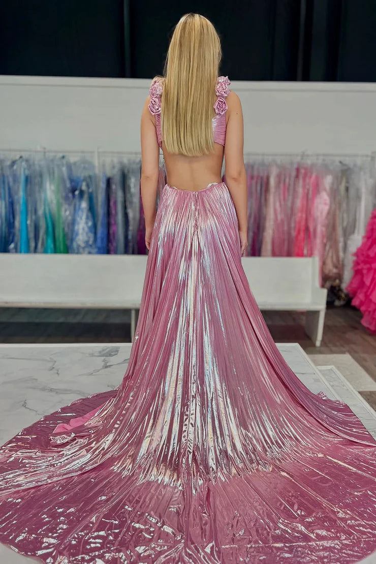 OKBBN A-line V-neck pleated satin long ball gown