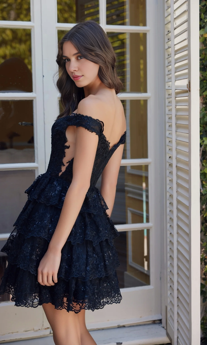 OKBBN short ruffled lace A-line perspective side Homecoming Dresses