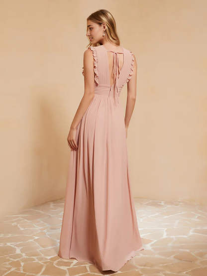 OKBBN deep V-neck ruffled pleated bridesmaid dress