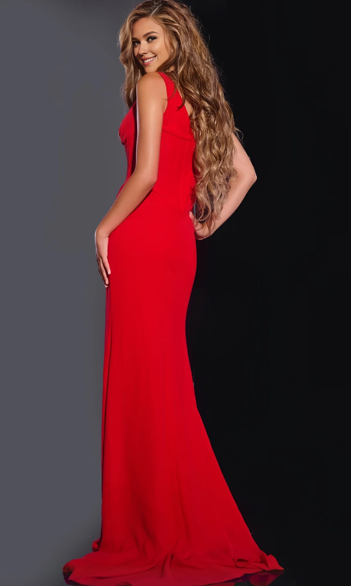 OKBBN Long Sleeveless Low cut Transparent V-neck Tight corset Ball Dress