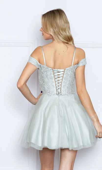 OKBBN Off Shoulder Short Embroidered Off Shoulder Perspective Tight corset with Strap Design Cuffs Hanging Back to School Dress