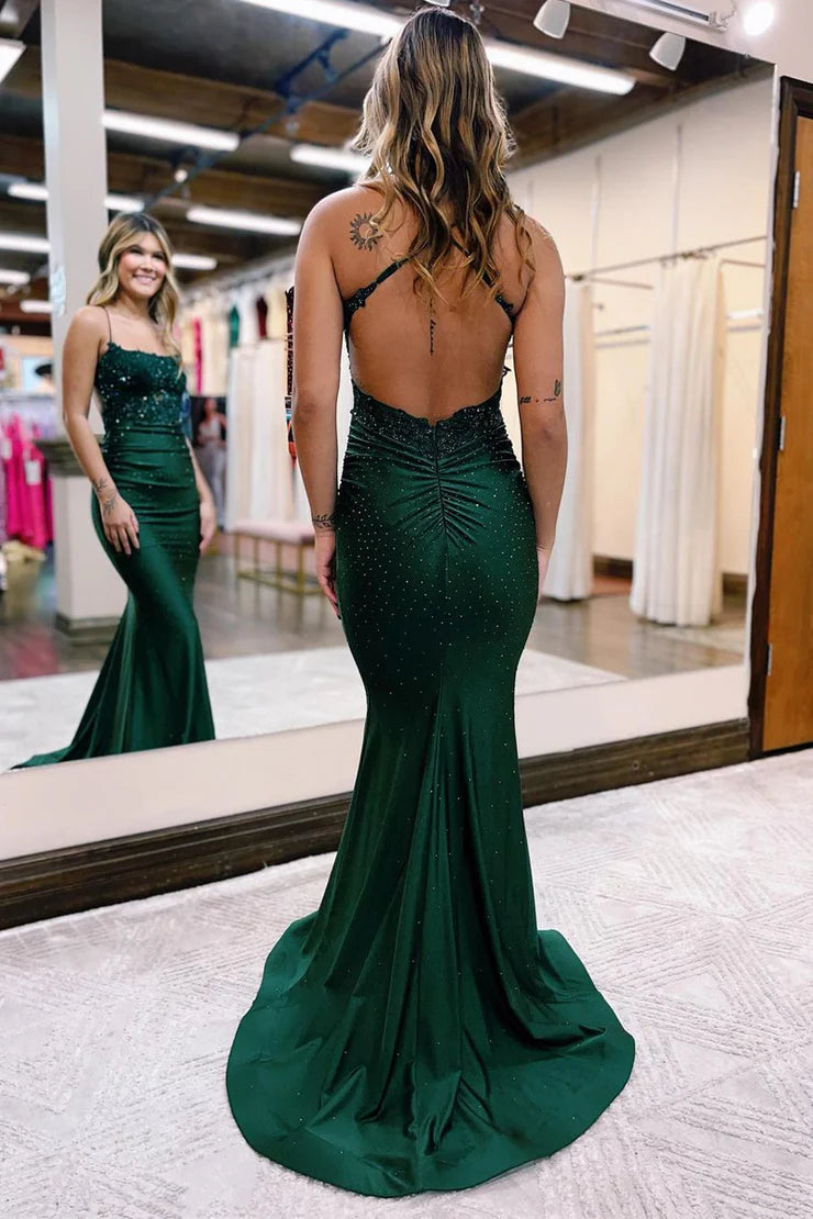 OKBBN Mermaid Round Neck Deep Green Satin Long Ball Dress