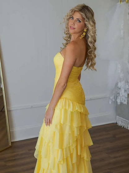 OKBBN Cute A-Shape Sweetheart Ruffle Chiffon Split Long Ball Dress
