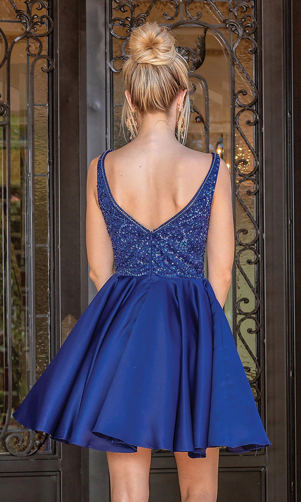 OKBBN's dazzling short spiral shaped sequins with V-neck and deep V-shaped beads, Homecoming Dresses