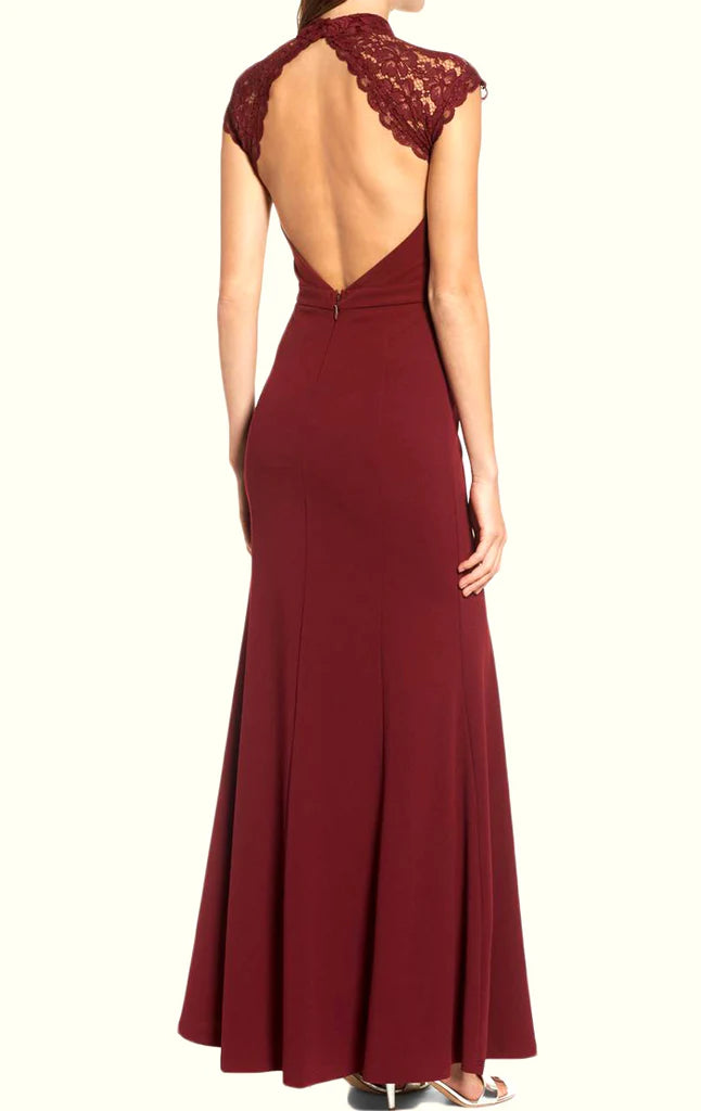 OKBBN High Collar Lace Knitted Long Simple Formal Ball Dress