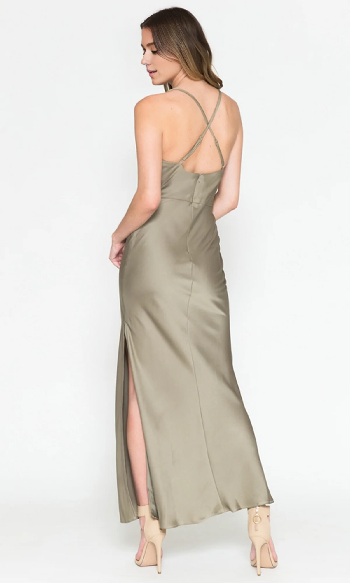 OKBBN simple knee length satin ball gown with neck collar