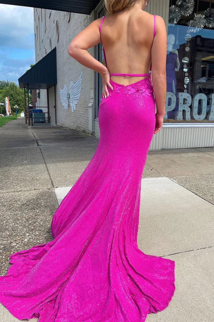 OKBBN Sparkling Mermaid V-neck Glitter Long Ball Dress with Stickers