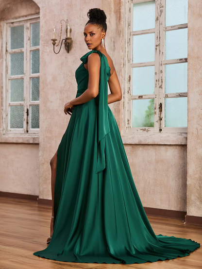 OKBBN single shoulder pleated A-line satin bridesmaid dress