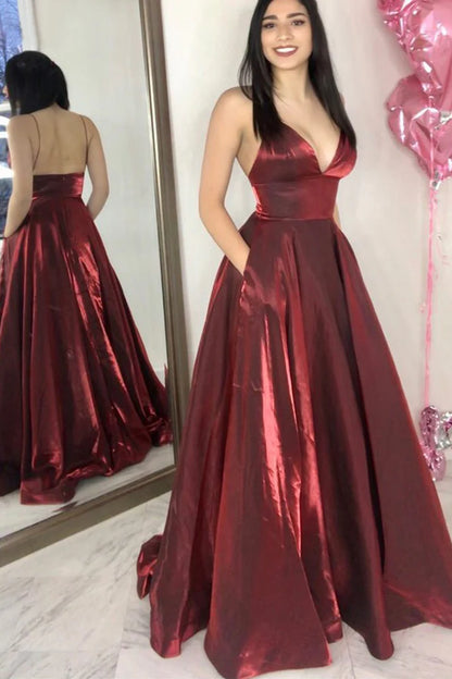 OKBBN Elegant Thin Strap V-neck Long Formal Ball Dress