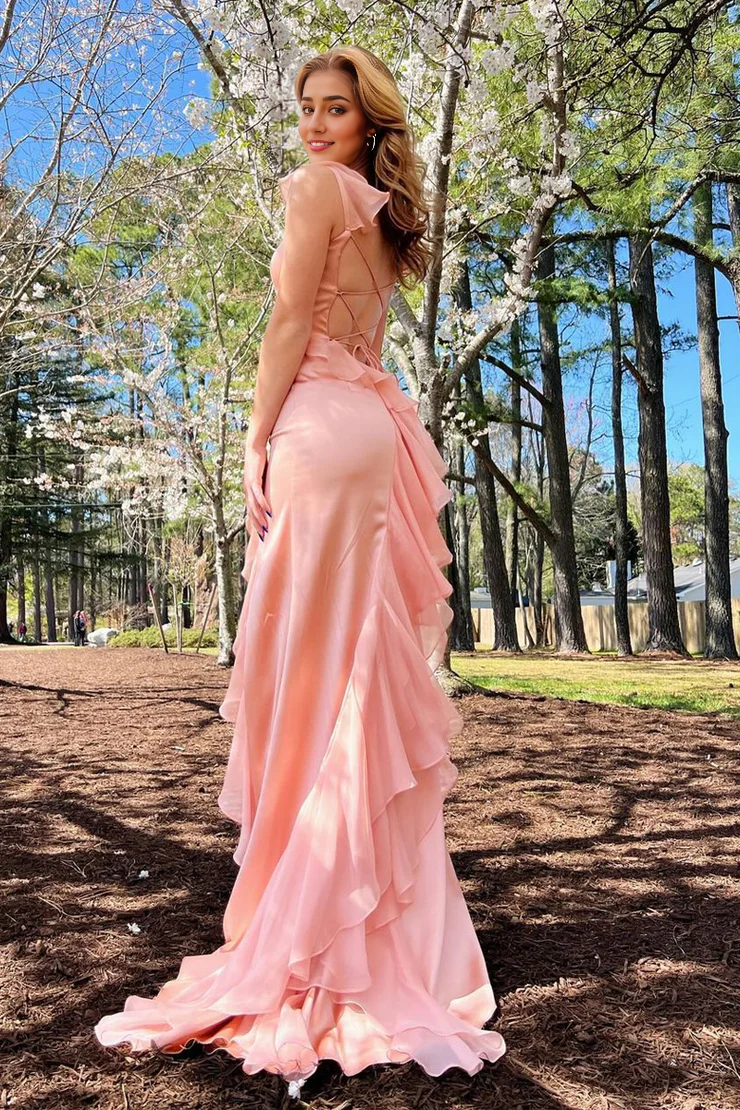 OKBBN square neck ruffled chiffon slit long ball gown