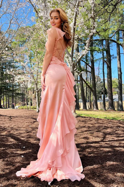 OKBBN square neck ruffled chiffon slit long ball gown